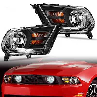 Headlights Pair Black Housing Halogen Head Lamp Fits 2010 2011-2014 Ford Mustang • $78.24