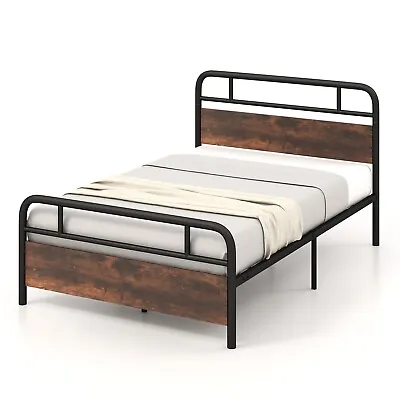 Double Size Bed Frame Platform Metal Slats Support Bed W/ Industrial Headboard • £89.95
