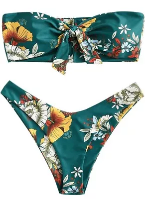 ZAFUL Women's Floral Print Bandeau Bikini Set High Cut Strapless Knot Front Swim • $20.90