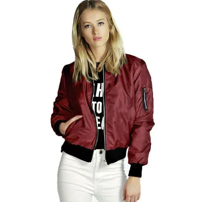 Womens Biker Jacket Long Sleeve Blazer Coat Casual Slim Zip Outwear Bomber • £5.99