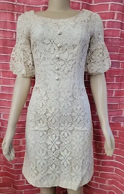 Vintage Praire ILGWU Beige Lace Size 11 Puff Sleeves Women's Dress #A • $179.10