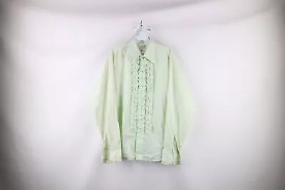 Vtg 60s Streetwear Mens M Distressed Ruffled Disco Tuxedo Button Shirt Green USA • $62.95