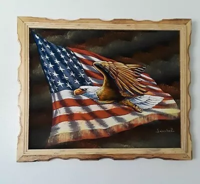 AMERICAN EAGLE   Hand Painted  VELVET PAINTING  18  BY 22  W  FRAME  DECOR • $48