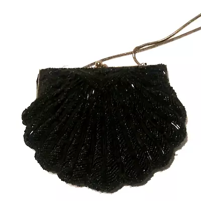 $15.99 • Buy  Beaded Evening HandBag Black Beaded Art Deco Herringbone Scallop Shape Vintage