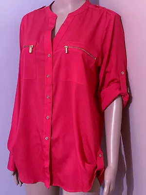 CALVIN KLEIN M Watermelon Red Button Down BLOUSE Long Conv Slv Split V Neck • $16.95