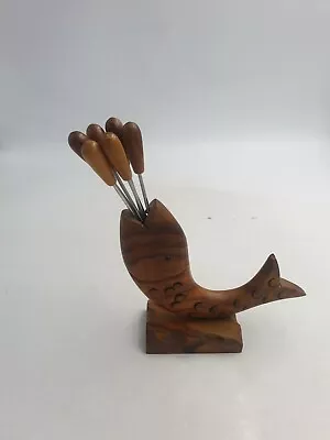 Vintage Retro Wooden Teak Pickle Cocktail Olive Appetiser Picks In Fish Holder • £14.99