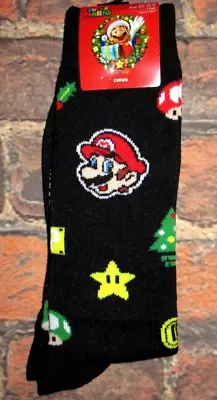 Mens Super Mario Christmas Black Crew Socks (shoe Size 6.5-12) • $9.90