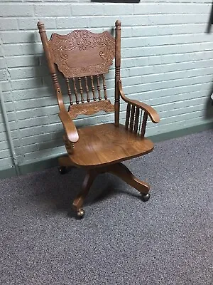 Antique Vtg Victorian Pressed Back Wood Office Swivel Chair 40 1/4 X 22 X 24”  • $325