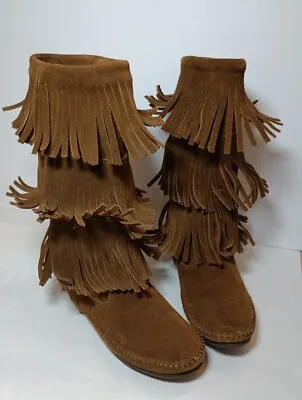 Minnetonka Suede Fringe Tiered Mid-calf Moccasin Boots 1638 Womens 7 Youth 5  • £18.49