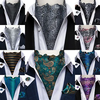 Mens Silk Ascot Cravat Vintage Tie Jacquard Paisley Scarf Hanky Cufflinks Set • $12.99