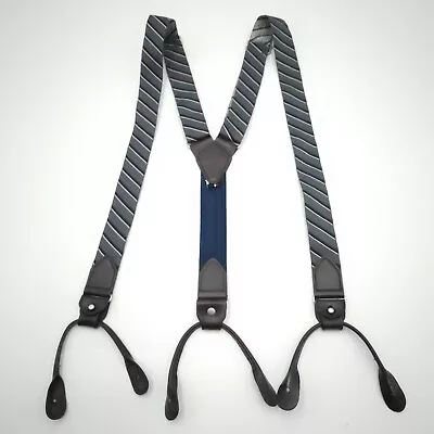 Tommy Hilfiger Mens Suspenders Leather Button Loops Gray Striped Adjustable  • $16.50