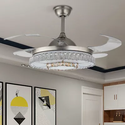 Retractable Ceiling Fan Light LED Chandelier Lamp + Remote Control Crystal  42'' • $95.01