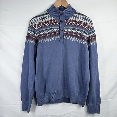 Izod Sweater Mens Large Henley Button Blue Icelandic Aztec Geoemtric Pattern • $24.99