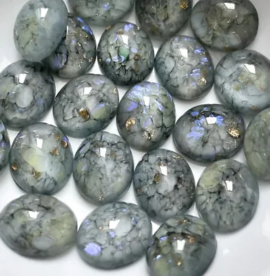 $9 • Buy 6 Vintage Gray Opal Cabochons 12x10 Glass Black Veined W. Blue Flash Cabs C5-24