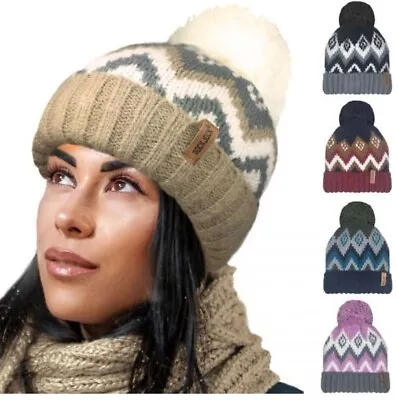 Ladies Womens Fairisle Winter Pom Pom Large Bobble Ski Beanie Hat Thermal Lining • £7.59