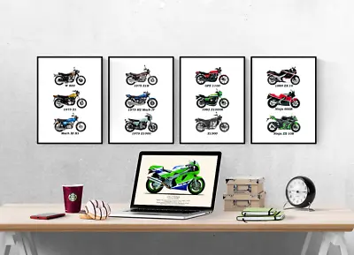 Kawasaki Motor Bike Compilation Set Of 4 Prints Pictures Wall Art Poster • £6