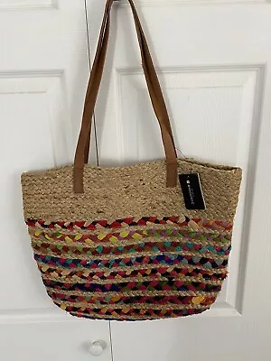 Jute Travel Tote  Bag Leather Straps By Magid Large Multi Color & Tan Woven • $58