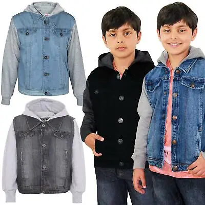 £12.99 • Buy Kids Boys Denim Jacket Fleece Sleeves & Hood Fashion Jackets Coat Age 2-13 Years
