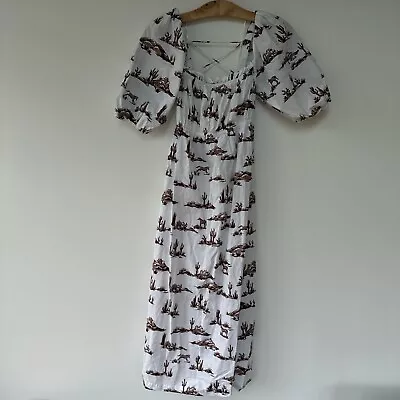 Mango Western Print Milkmaid Midi Dress. Size Small • £18