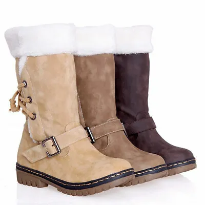 Plus Size Womens Leather Winter Warm Snow Boots Flecee Lined Mid Calf Boots Shoe • $65.57