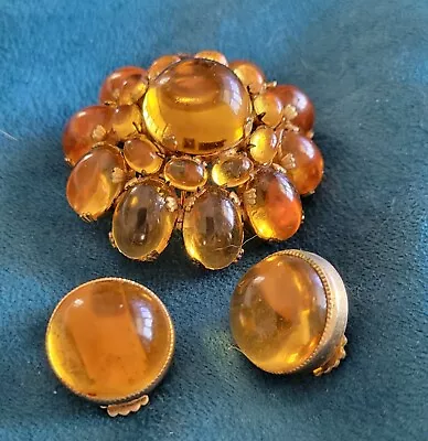 Vintage Amber Colored Domed Brooch And Earrings • $15.50