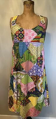 Women’s Vintage Patchwork Babydoll Boho Hippie Dress Big Button M-L Made In USA • $26.95