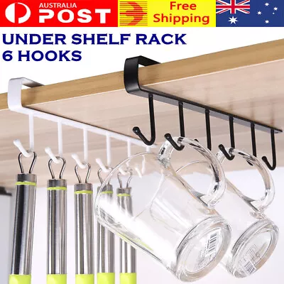 6 Hooks Metal Kitchen Under Shelf Cabinet Mug Cup Holder Rack Hanger Organiser • $14.38