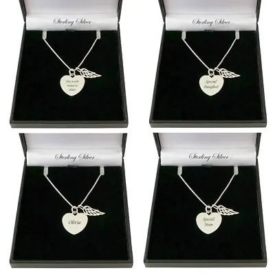 Sterling Silver Engraved Heart With Wing Necklace Personalised Engraving. • £27.99