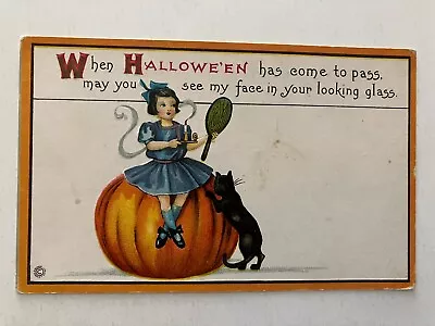 Halloween Stecher No 63 A Girl Sitting On Pumpkin With Candle And Cat • $19.50