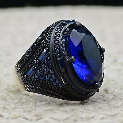 Solid 925 Sterling Silver Turkish Jewelry Blue Topaz Men's Ring • $52