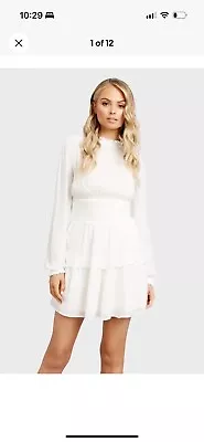 KOOKAI Lisa White Shirred High Neck Balloon Sleeve Mini Dress Size 36 • $15