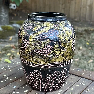 Beautiful Pottery 8 Inch Vase With Mermaids And Gold Glaze • $178.20