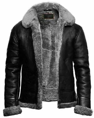 Mens Aviator RAF B3 Black Bomber Fur Shearling Collar Sheepskin Leather Jacket • $214.99