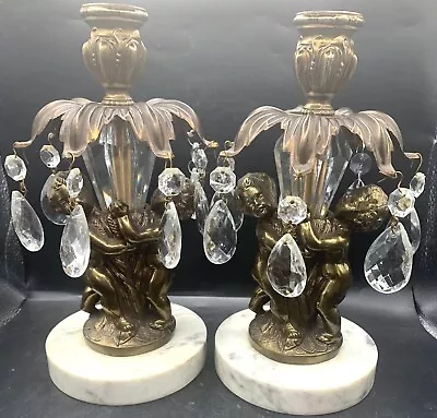 Set Of 2 Brass Cherubs On Italian Marble Bases Ornate Candle Holders • $80