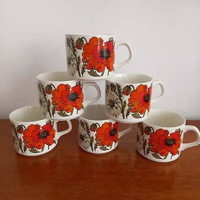 Retro 70s Coffee Cups X  6 By J G Meakin Orange And White Poppy Design Vintage • £22.99