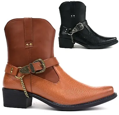 Gents Cowboy Riding Ankle Mens Cuban Heel Slip On Buckle Biker Chain Boots Shoes • £27.95