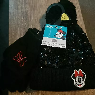 DISNEY  Minnie Mouse Bobble Hat & Gloves Set Sequins On Hat 7 To 10 Yrs • £9.49