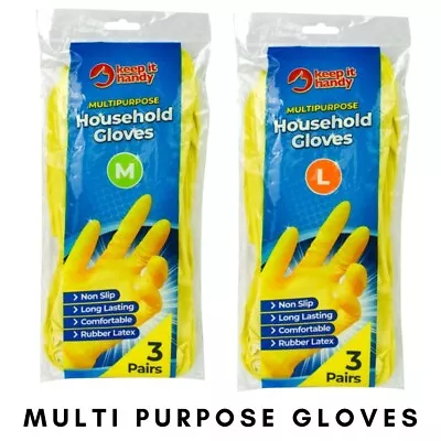 3 X Pairs Rubber Gloves Long Sleeve Washing Up Household Kitchen Cleaning L & M • £3.99