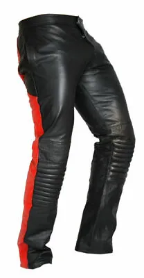 Mens Real Cow Leather Motorcycle Bikers Pants Jeans Trousers - Black & Red Color • £71.99