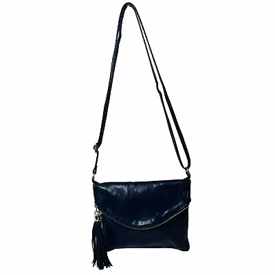 VERA PELLE ITALY Leather Black Crossbody Bag Vintage Fold Over Zip Tassel • $20