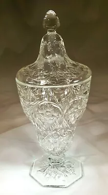 McKEE GLASS CO. ROCK CRYSTAL CLEAR 1-POUND SIZE 10-1/2  TALL FOOTED CANDY JAR! • $75
