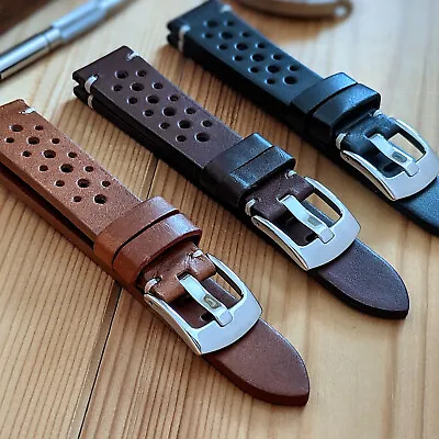 Racing Style Perforated Genuine Leather Watch Strap Brown Black | 20mm 22mm • £15.95