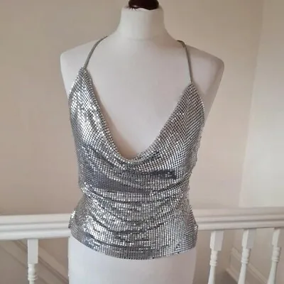 Vintage Y2k 00s New Look Silver Cowl Backless Strappy Chainmail Cami Top Party • £100