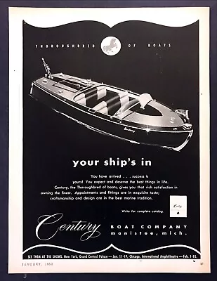 1952 Century Runabout Boat Photo  The Thoroughbred Of Boats  Vintage Print Ad • $7.99