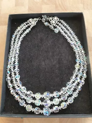 Stunning 70s 3 Strand Crystal Bead Necklace  Silvertone Metal • £19.99