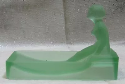 Vintage Art Deco Nude Lady Bathing Green Frosted Glass Dish Or Ring Tray USA • $90