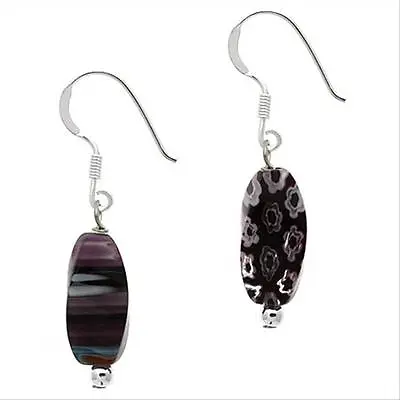 925 Silver Purple Millefiori Murano Glass Bead Dangle Earrings • £9.90