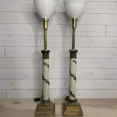 Vintage Stiffel Tall White Enamel And Brass Table Lamps - A Pair • $149.99