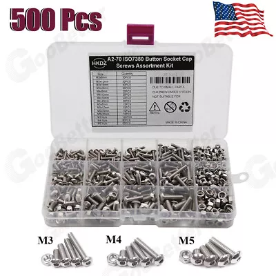 500Pcs Kit M3 M4 M5 Button Head Allen Screw Bolts Nut Assortment Set A2 ISO7380  • $14.69