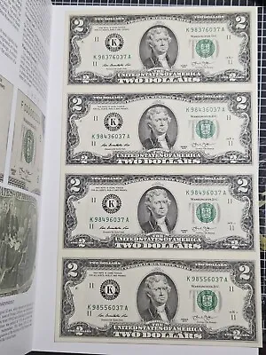 Uncut Currency Sheet Of Four(4) $2 Two Dollar Bills / Series 2013 • $35